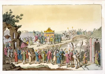Felvonulás egy taoista hagyományos esküvőre, illusztráció Giulio Ferrario „Le Costume Ancien et Moderne” című művéből, megjelent az 1820-as és 30-as évek körül